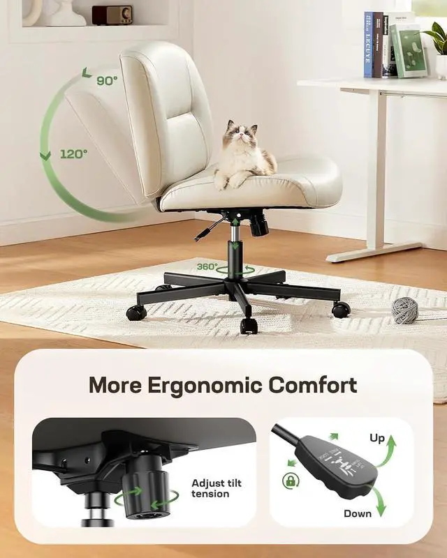 Alt view image 7 of 7 - Marsail Criss Cross Chair with Wheels, Wide Mid-Back Comfy Armless Office Chair, Scratch-Resistant PVC Leather Cross Legged Desk Chair, Height Adjustable Vanity Computer Desk for Home Office