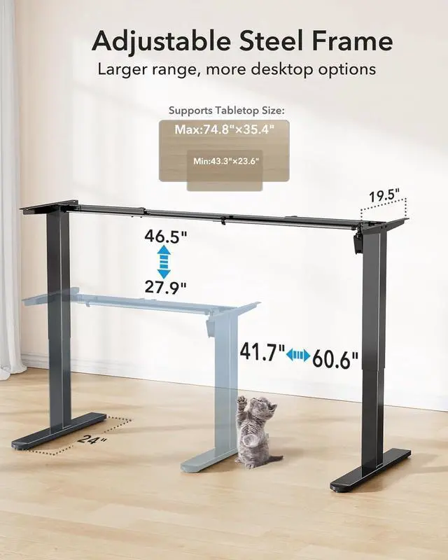 Alt view image 2 of 7 - Standing Desk Frame with 220lbs Powerful Brushless Motor, Thick T-Shaped Adjustable Desk Legs Made of Automotive-Grade Steel, for Max 75 x 35 Desktop, for Home Office, Black Frame Only