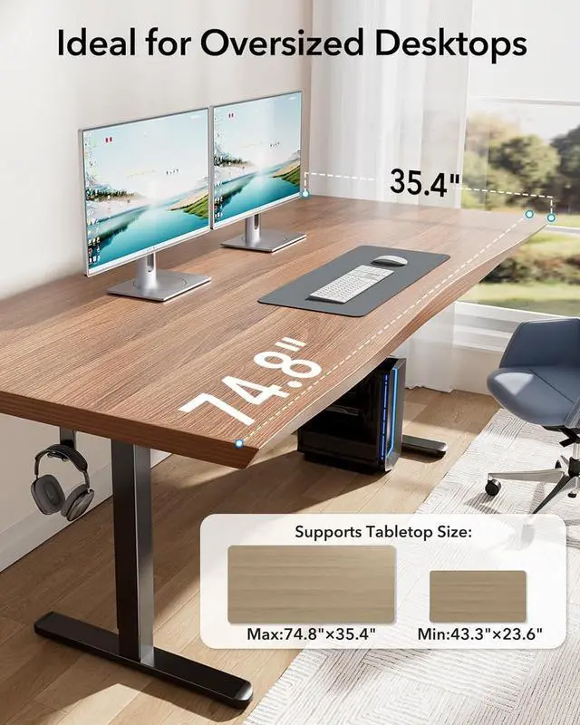 Alt view image 5 of 7 - Standing Desk Frame with 220lbs Powerful Brushless Motor, Thick T-Shaped Adjustable Desk Legs Made of Automotive-Grade Steel, for Max 75 x 35 Desktop, for Home Office, Black Frame Only