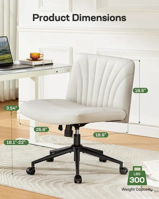 Alt view image 4 of 7 - Marsail Criss Cross Chair with Wheels: PU Leather Cross Legged Office Chair Wide Armless Desk Chair Swivel Height Adjustable Vanity Chair for Make Up,Small Space,Bed Room(Beige)