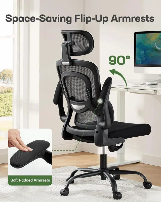 Alt view image 2 of 7 - Ergonomic Office Chair with Lumbar Support, High Back Desk Chair with 2D Headrest & Flip-Up Armrests Gaming Computer Task Chair Tilt Function Black