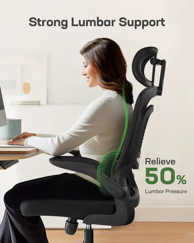 Alt view image 3 of 7 - Ergonomic Office Chair with Lumbar Support, High Back Desk Chair with 2D Headrest & Flip-Up Armrests Gaming Computer Task Chair Tilt Function Black