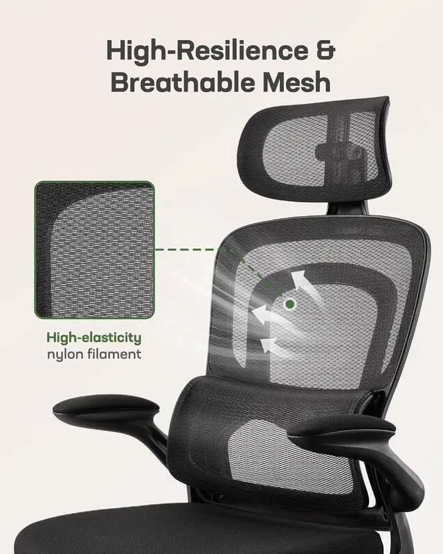 Alt view image 5 of 7 - Ergonomic Office Chair with Lumbar Support, High Back Desk Chair with 2D Headrest & Flip-Up Armrests Gaming Computer Task Chair Tilt Function Black