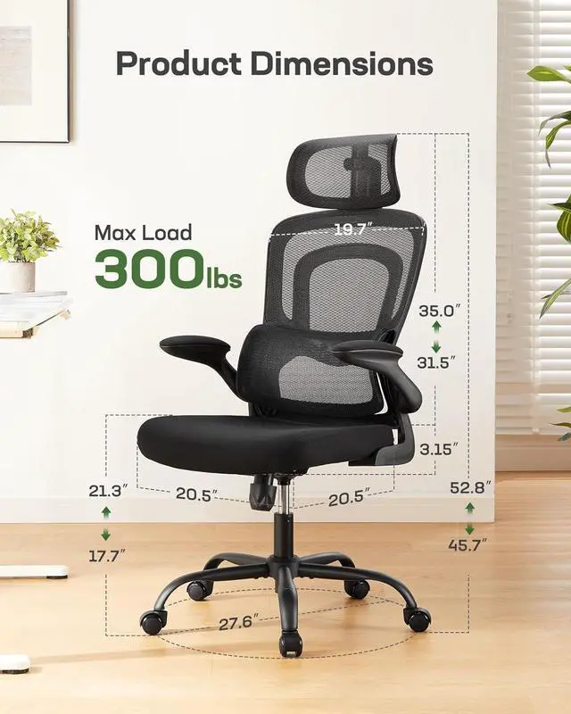 Alt view image 4 of 7 - Ergonomic Office Chair with Lumbar Support, High Back Desk Chair with 2D Headrest & Flip-Up Armrests Gaming Computer Task Chair Tilt Function Black