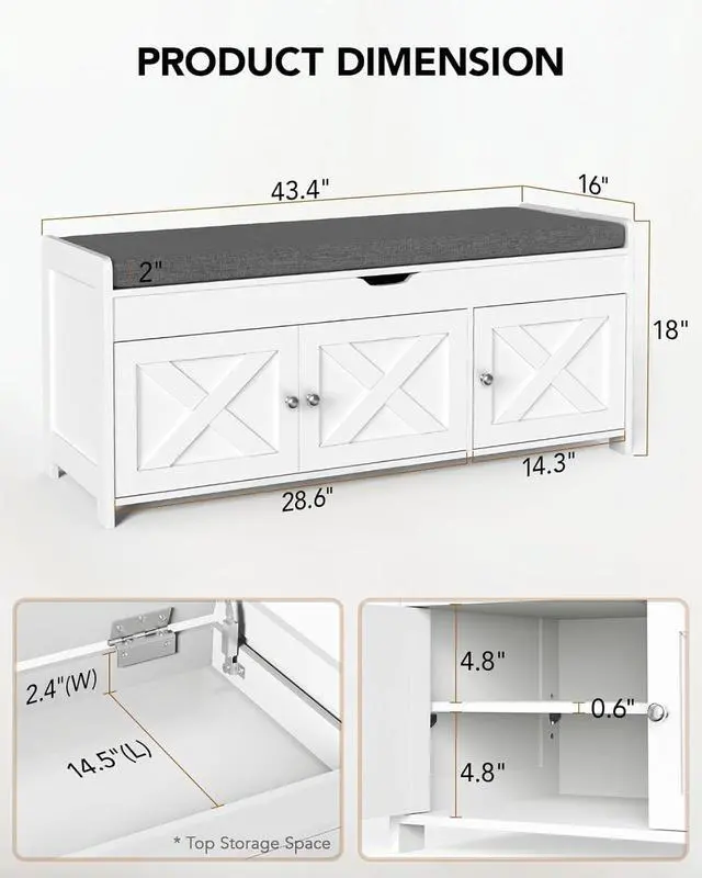 Alt view image 2 of 7 - Shoe Storage Bench, Entryway Bench with Cushioned Seat & Lift Top Storage, 3 Doors, Adjustable Shelf, 300 lbs Capacity, Bench with Shoe Rack for Entryway, Bedroom, Living Room, White