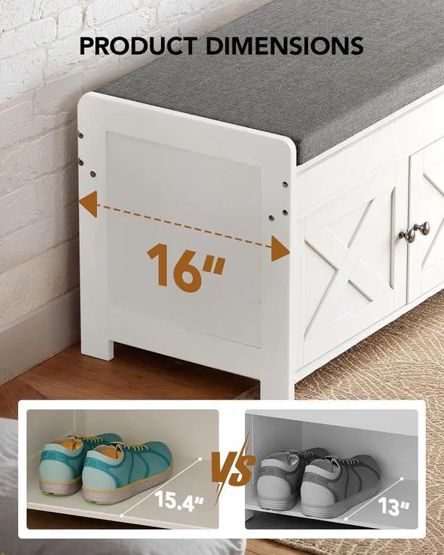 Alt view image 4 of 7 - Shoe Storage Bench, Entryway Bench with Cushioned Seat & Lift Top Storage, 3 Doors, Adjustable Shelf, 300 lbs Capacity, Bench with Shoe Rack for Entryway, Bedroom, Living Room, White