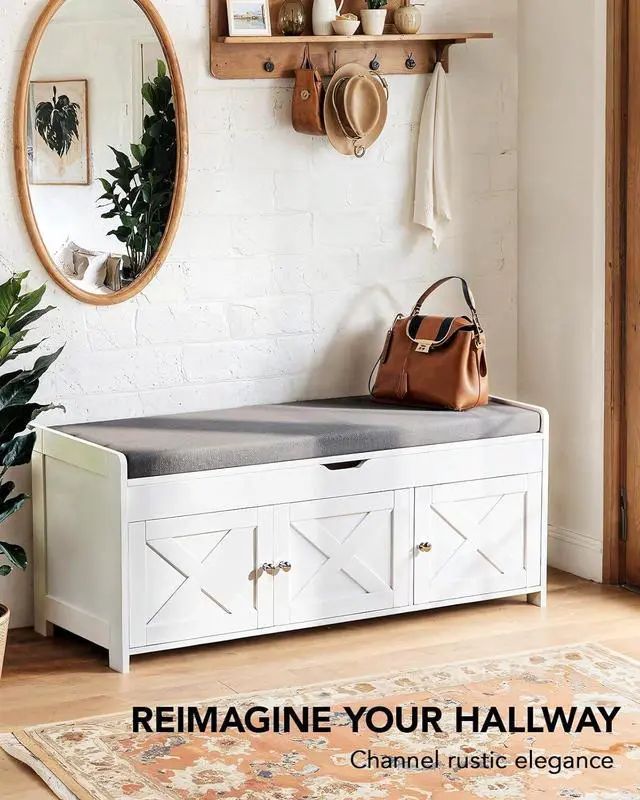 Alt view image 3 of 7 - Shoe Storage Bench, Entryway Bench with Cushioned Seat & Lift Top Storage, 3 Doors, Adjustable Shelf, 300 lbs Capacity, Bench with Shoe Rack for Entryway, Bedroom, Living Room, White