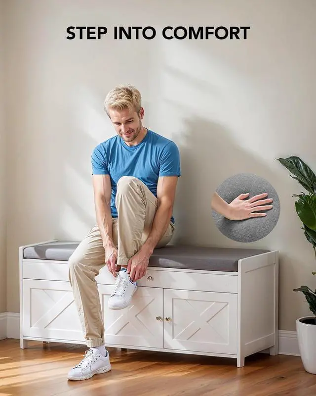 Alt view image 6 of 7 - Shoe Storage Bench, Entryway Bench with Cushioned Seat & Lift Top Storage, 3 Doors, Adjustable Shelf, 300 lbs Capacity, Bench with Shoe Rack for Entryway, Bedroom, Living Room, White