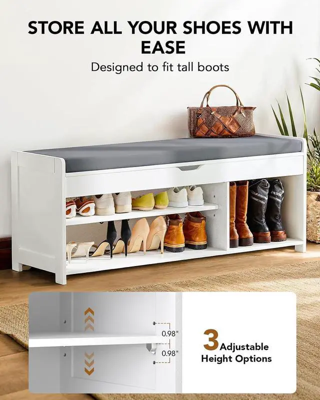 Alt view image 7 of 7 - Shoe Storage Bench, Entryway Bench with Cushioned Seat & Lift Top Storage, 3 Doors, Adjustable Shelf, 300 lbs Capacity, Bench with Shoe Rack for Entryway, Bedroom, Living Room, White