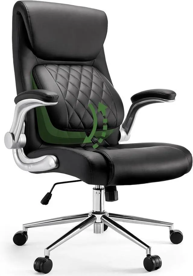 Main image of Ergonomic PU-Leather Office Chair: 5 Settings Lumbar Support, Executive Office Chair Height Adjustable with Padded Flip-up Arms, Executive Desk Chair for Working Study-Black