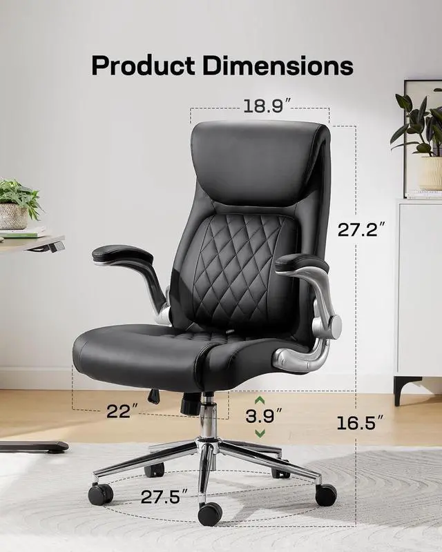 Alt view image 2 of 7 - Ergonomic PU-Leather Office Chair: 5 Settings Lumbar Support, Executive Office Chair Height Adjustable with Padded Flip-up Arms, Executive Desk Chair for Working Study-Black