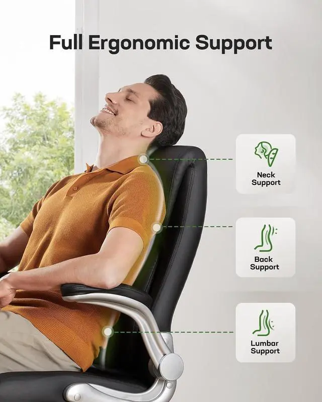 Alt view image 4 of 7 - Ergonomic PU-Leather Office Chair: 5 Settings Lumbar Support, Executive Office Chair Height Adjustable with Padded Flip-up Arms, Executive Desk Chair for Working Study-Black