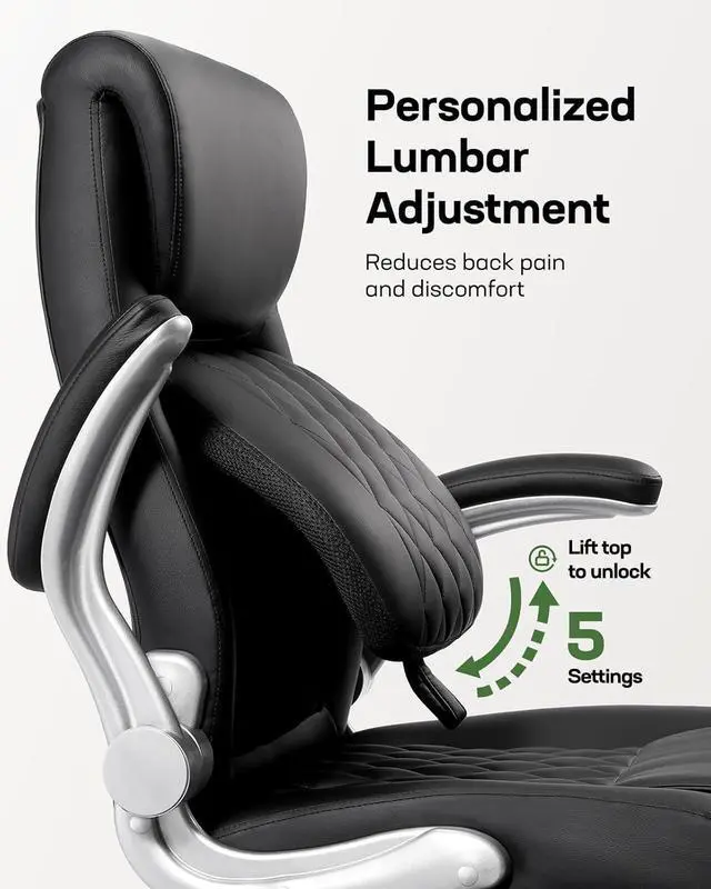 Alt view image 6 of 7 - Ergonomic PU-Leather Office Chair: 5 Settings Lumbar Support, Executive Office Chair Height Adjustable with Padded Flip-up Arms, Executive Desk Chair for Working Study-Black