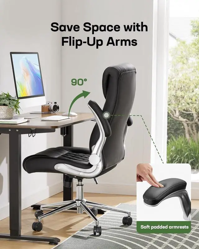 Alt view image 7 of 7 - Ergonomic PU-Leather Office Chair: 5 Settings Lumbar Support, Executive Office Chair Height Adjustable with Padded Flip-up Arms, Executive Desk Chair for Working Study-Black
