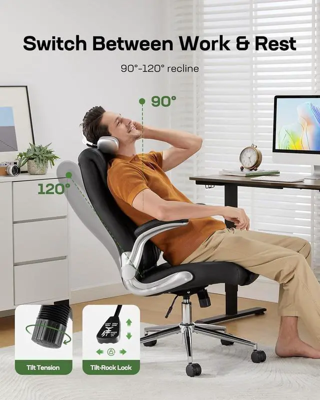 Alt view image 5 of 7 - Ergonomic PU-Leather Office Chair: 5 Settings Lumbar Support, Executive Office Chair Height Adjustable with Padded Flip-up Arms, Executive Desk Chair for Working Study-Black