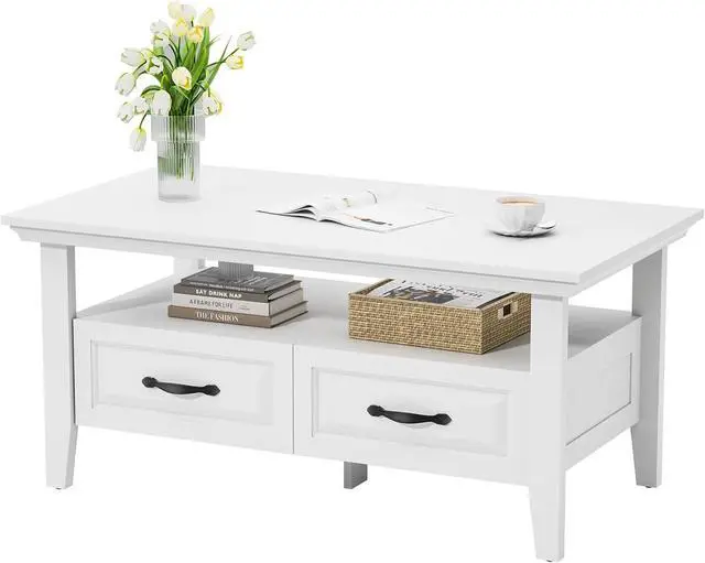 Main image of White Coffee Table for Living Room, 39.4" Farmhouse Wood Coffee Table with Storage, Featuring Open Display Shelf, Hidden Drawers, Robotic Vacuum-Friendly, Ideal for Home Office, White
