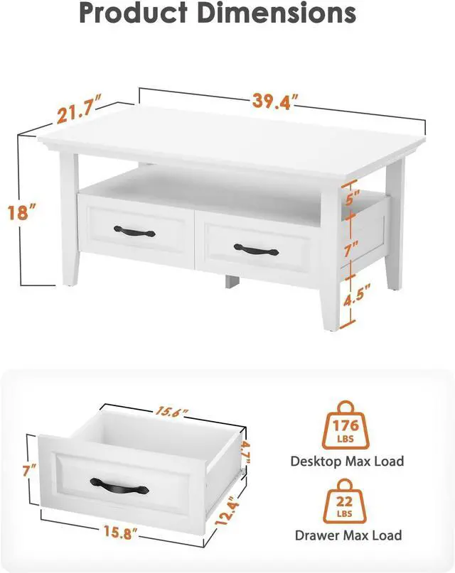 Alt view image 2 of 7 - White Coffee Table for Living Room, 39.4" Farmhouse Wood Coffee Table with Storage, Featuring Open Display Shelf, Hidden Drawers, Robotic Vacuum-Friendly, Ideal for Home Office, White