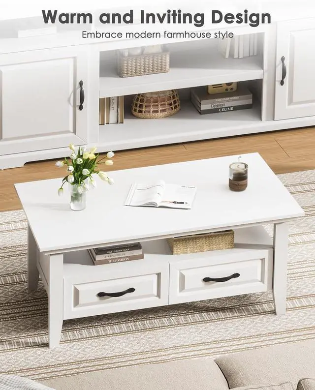 Alt view image 3 of 7 - White Coffee Table for Living Room, 39.4" Farmhouse Wood Coffee Table with Storage, Featuring Open Display Shelf, Hidden Drawers, Robotic Vacuum-Friendly, Ideal for Home Office, White