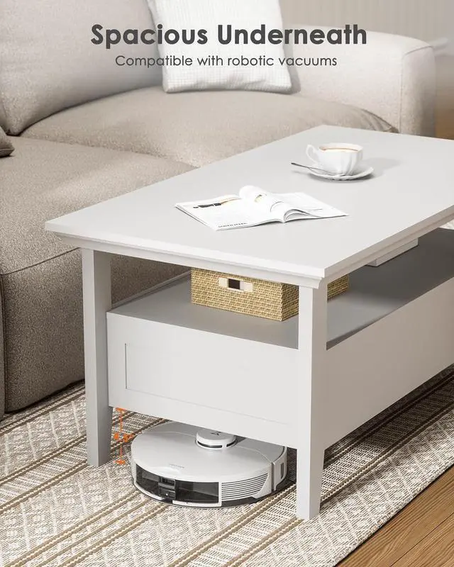 Alt view image 4 of 7 - White Coffee Table for Living Room, 39.4" Farmhouse Wood Coffee Table with Storage, Featuring Open Display Shelf, Hidden Drawers, Robotic Vacuum-Friendly, Ideal for Home Office, White