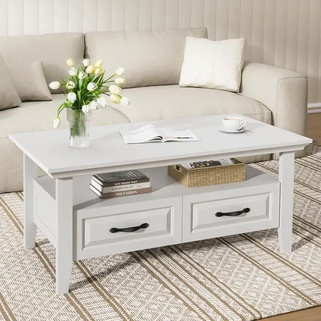 Alt view image 6 of 7 - White Coffee Table for Living Room, 39.4" Farmhouse Wood Coffee Table with Storage, Featuring Open Display Shelf, Hidden Drawers, Robotic Vacuum-Friendly, Ideal for Home Office, White