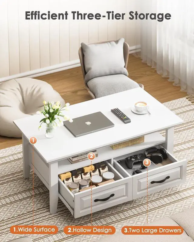 Alt view image 5 of 7 - White Coffee Table for Living Room, 39.4" Farmhouse Wood Coffee Table with Storage, Featuring Open Display Shelf, Hidden Drawers, Robotic Vacuum-Friendly, Ideal for Home Office, White