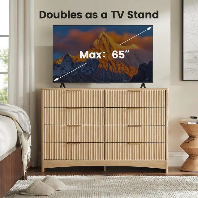 Alt view image 2 of 7 - Modern 8 Drawer Dresser, Fluted Wood Chest of Drawers with Rounded Corners, Pre-Installed Drawer Slides, Dresser TV Stand and Storage Organizer for Bedroom, Hallway, Natural Oak