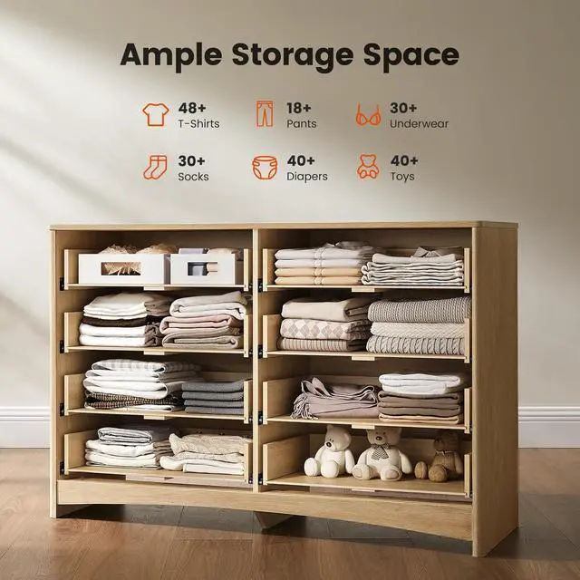 Alt view image 3 of 7 - Modern 8 Drawer Dresser, Fluted Wood Chest of Drawers with Rounded Corners, Pre-Installed Drawer Slides, Dresser TV Stand and Storage Organizer for Bedroom, Hallway, Natural Oak