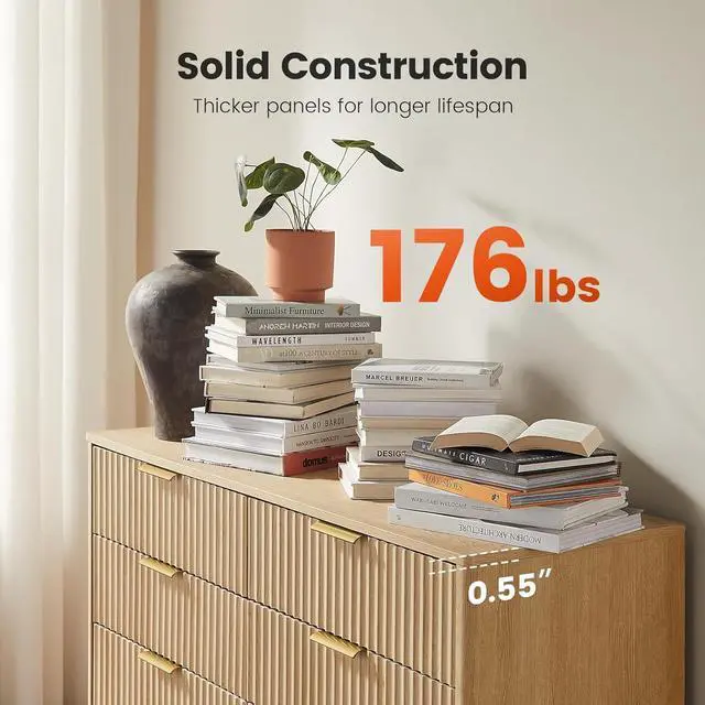 Alt view image 4 of 7 - Modern 8 Drawer Dresser, Fluted Wood Chest of Drawers with Rounded Corners, Pre-Installed Drawer Slides, Dresser TV Stand and Storage Organizer for Bedroom, Hallway, Natural Oak