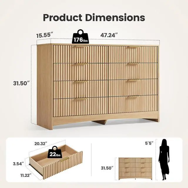 Alt view image 6 of 7 - Modern 8 Drawer Dresser, Fluted Wood Chest of Drawers with Rounded Corners, Pre-Installed Drawer Slides, Dresser TV Stand and Storage Organizer for Bedroom, Hallway, Natural Oak