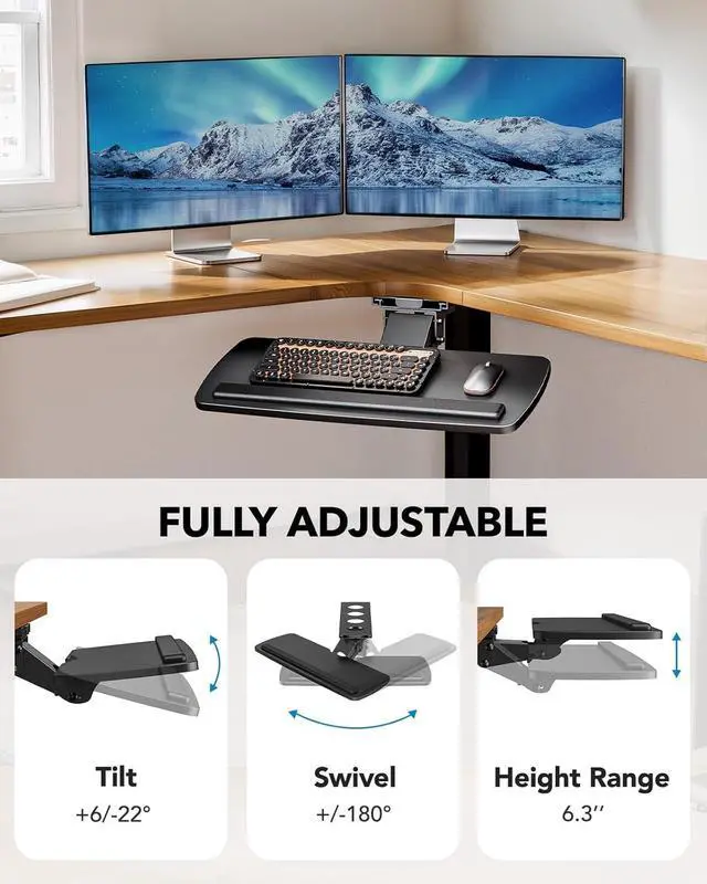 Alt view image 6 of 7 - Keyboard Tray Under Desk, 360 Adjustable Under Desk Keyboard Tray Slide Out, Ergonomic Pull Out Keyboard Tray Under Desk, 25"W x 9.84"D