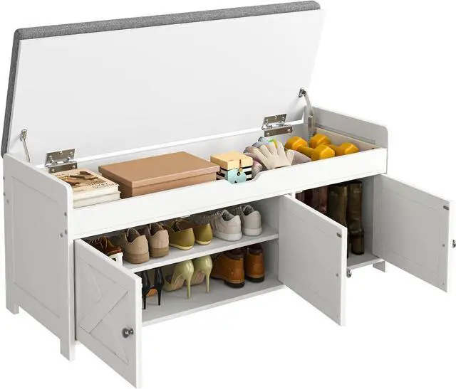 Main image of 2-Tier Storage Bench Cushion Seat, Farmhouse Shoe Bench with Storage, Entryway Shoe Storage 3 Doors, Adjustable Shelf, 16x43x18, 300 lbs Capacity, Shoe Rack for Living Room, Bedroom, White