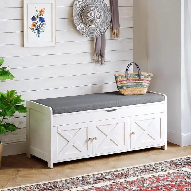 Alt view image 4 of 7 - 2-Tier Storage Bench Cushion Seat, Farmhouse Shoe Bench with Storage, Entryway Shoe Storage 3 Doors, Adjustable Shelf, 16x43x18, 300 lbs Capacity, Shoe Rack for Living Room, Bedroom, White