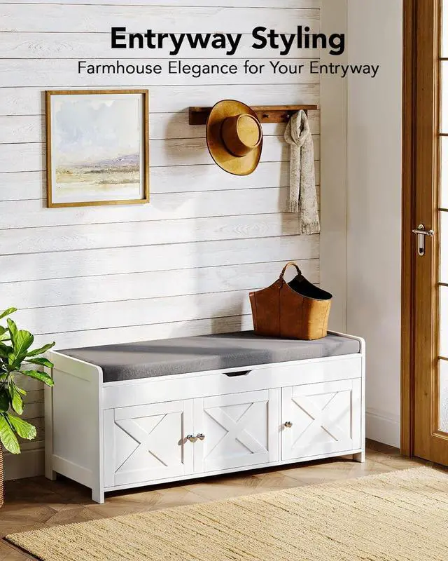 Alt view image 6 of 7 - 2-Tier Storage Bench Cushion Seat, Farmhouse Shoe Bench with Storage, Entryway Shoe Storage 3 Doors, Adjustable Shelf, 16x43x18, 300 lbs Capacity, Shoe Rack for Living Room, Bedroom, White