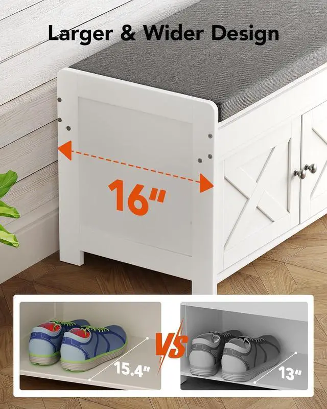 Alt view image 2 of 7 - 2-Tier Shoe Storage Bench with Cushioned Seat, Entryway Bench with Adjustable Shelf & Barn Doors, 300 lbs Capacity, 43.4" W x 16" D x 18" H, for Entryway, Bedroom, Living Room, White