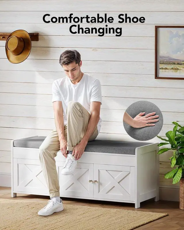 Alt view image 3 of 7 - 2-Tier Shoe Storage Bench with Cushioned Seat, Entryway Bench with Adjustable Shelf & Barn Doors, 300 lbs Capacity, 43.4" W x 16" D x 18" H, for Entryway, Bedroom, Living Room, White