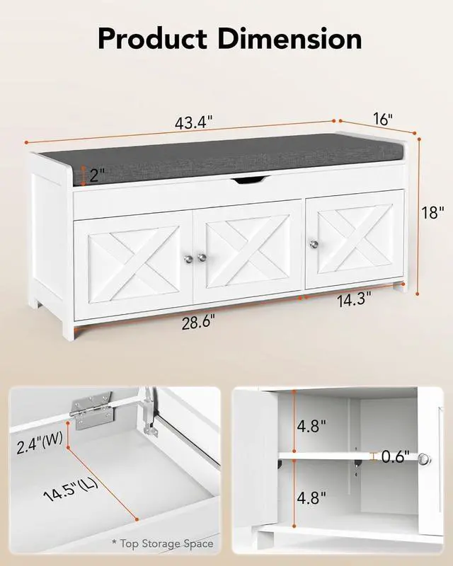 Alt view image 4 of 7 - 2-Tier Shoe Storage Bench with Cushioned Seat, Entryway Bench with Adjustable Shelf & Barn Doors, 300 lbs Capacity, 43.4" W x 16" D x 18" H, for Entryway, Bedroom, Living Room, White