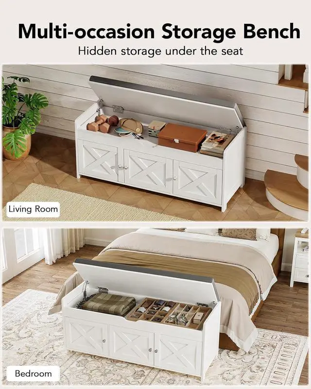 Alt view image 5 of 7 - 2-Tier Shoe Storage Bench with Cushioned Seat, Entryway Bench with Adjustable Shelf & Barn Doors, 300 lbs Capacity, 43.4" W x 16" D x 18" H, for Entryway, Bedroom, Living Room, White