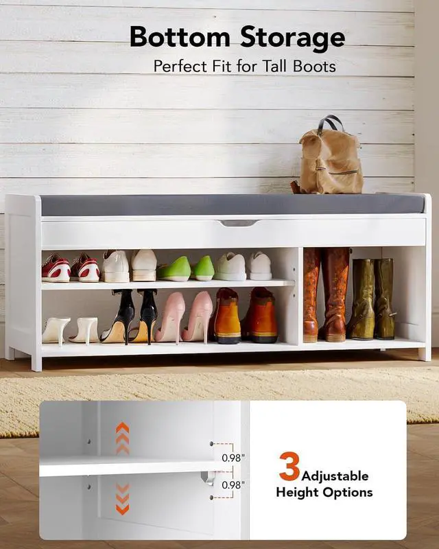 Alt view image 7 of 7 - 2-Tier Shoe Storage Bench with Cushioned Seat, Entryway Bench with Adjustable Shelf & Barn Doors, 300 lbs Capacity, 43.4" W x 16" D x 18" H, for Entryway, Bedroom, Living Room, White