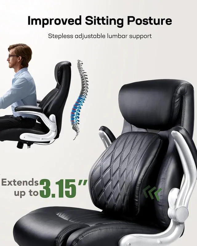 Alt view image 3 of 6 - Comfortable-Office Chair with Dynamic-Lumbar Support: High Back PU Leather Executive Office Chair with Flip-up Arms Tilt Function, Ergonomic Executive Desk Chair for Home Office Work