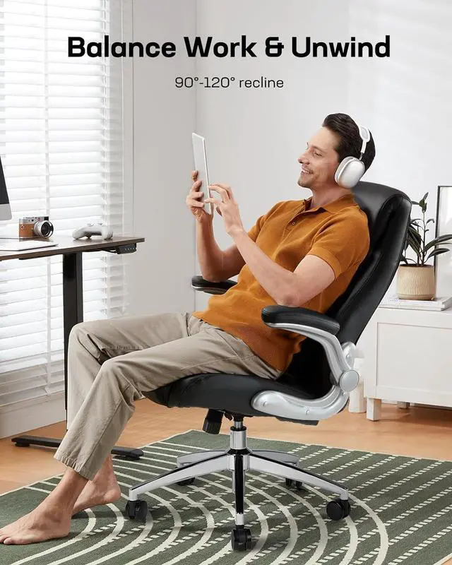 Alt view image 4 of 6 - Comfortable-Office Chair with Dynamic-Lumbar Support: High Back PU Leather Executive Office Chair with Flip-up Arms Tilt Function, Ergonomic Executive Desk Chair for Home Office Work
