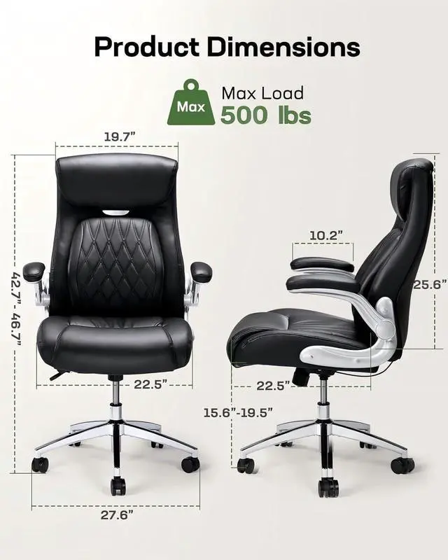 Alt view image 2 of 6 - Comfortable-Office Chair with Dynamic-Lumbar Support: High Back PU Leather Executive Office Chair with Flip-up Arms Tilt Function, Ergonomic Executive Desk Chair for Home Office Work