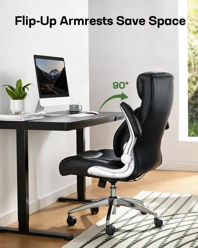 Alt view image 5 of 6 - Comfortable-Office Chair with Dynamic-Lumbar Support: High Back PU Leather Executive Office Chair with Flip-up Arms Tilt Function, Ergonomic Executive Desk Chair for Home Office Work