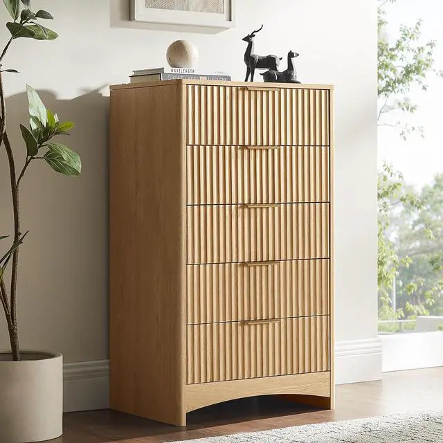 Alt view image 2 of 7 - Tall 5 Drawer Dresser, Modern Fluted Vertical Chest of Drawers with Rounded Corners, Pre-Installed Drawer Slides, Narrow Storage Organizer for Bedroom, Hallway, Natural Oak