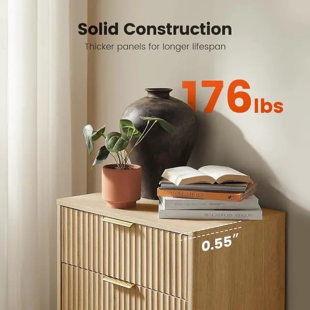 Alt view image 5 of 7 - Tall 5 Drawer Dresser, Modern Fluted Vertical Chest of Drawers with Rounded Corners, Pre-Installed Drawer Slides, Narrow Storage Organizer for Bedroom, Hallway, Natural Oak