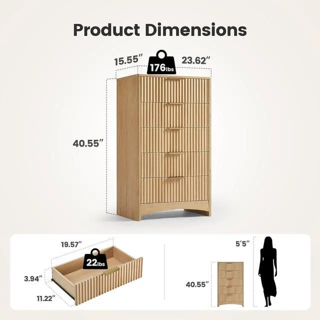 Alt view image 7 of 7 - Tall 5 Drawer Dresser, Modern Fluted Vertical Chest of Drawers with Rounded Corners, Pre-Installed Drawer Slides, Narrow Storage Organizer for Bedroom, Hallway, Natural Oak