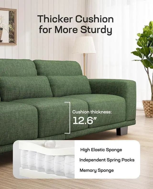 Alt view image 2 of 7 - 65" Loveseat Sofa, Love Seat for Living Room, Comfy Couch with Deep Seats and Wide Armrests, Sofa Couch with Supportive Cushion and Sturdy Frame, Easy to Clean with Removable Covers, Green