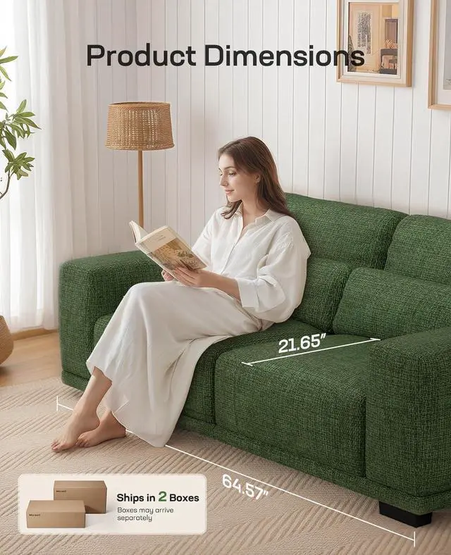 Alt view image 4 of 7 - 65" Loveseat Sofa, Love Seat for Living Room, Comfy Couch with Deep Seats and Wide Armrests, Sofa Couch with Supportive Cushion and Sturdy Frame, Easy to Clean with Removable Covers, Green