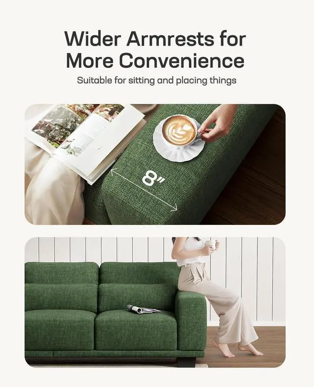 Alt view image 7 of 7 - 65" Loveseat Sofa, Love Seat for Living Room, Comfy Couch with Deep Seats and Wide Armrests, Sofa Couch with Supportive Cushion and Sturdy Frame, Easy to Clean with Removable Covers, Green