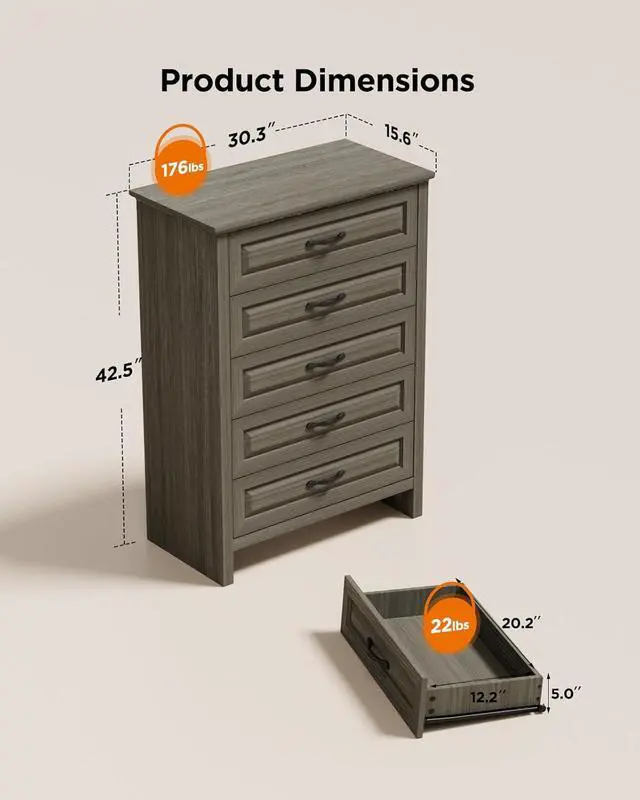 Alt view image 2 of 6 - 5 Drawers Dresser Chests for Bedroom, 42.7 Inch Tall Wooden Dresser, Farmhouse Storgae Organizer with Large Drawers & Bar Handles for Bedroom, Entryway, Hallway, Grey