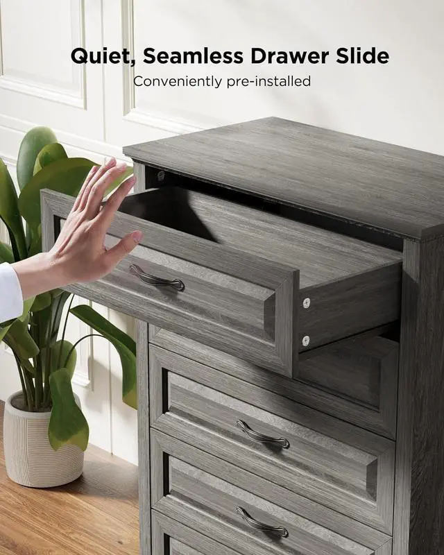 Alt view image 3 of 6 - 5 Drawers Dresser Chests for Bedroom, 42.7 Inch Tall Wooden Dresser, Farmhouse Storgae Organizer with Large Drawers & Bar Handles for Bedroom, Entryway, Hallway, Grey
